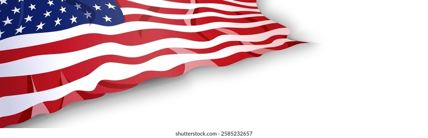 Waving american flag USA United States patriotic white banner, background, web, greeting card, poster, holiday cover, label, flyer, layout. Patriotic Social media print for presentation, information