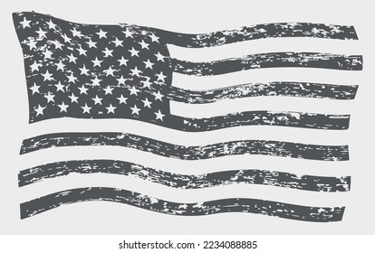 Waving American flag.Grunge black and white USA flag.