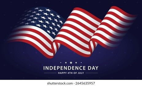 Waving American flags on a dark blue background with INDEPENDENCE DAY HAPPY 4TH OF JULY. For national holidays, celebrations, and patriotic themes. Vector EPS10.