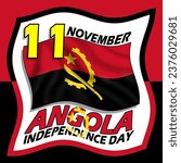 A waving Angolan flag, with number and bold text in a frame to commemorate Angola Independence Day on November 11