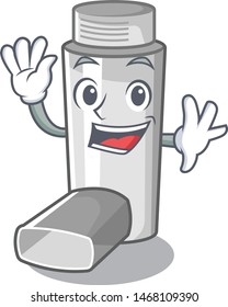 Waving asthma inhalers in cartoon medicine box