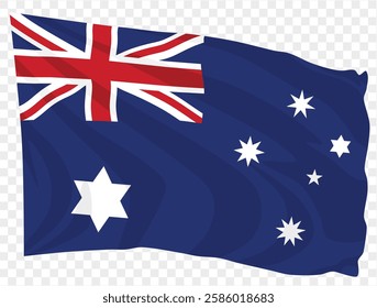 Waving Australia flag isolated on transparent PNG background. Perfect for designs, presentations, or digital projects, showcasing the iconic Union Jack, Commonwealth Star, and Southern Cross