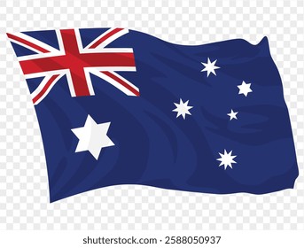 Waving Australia flag isolated on transparent PNG background. Perfect for designs, presentations, or digital projects, showcasing the iconic Union Jack, Commonwealth Star, and Southern Cross