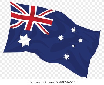 Waving Australia flag isolated on transparent PNG background. Perfect for designs, presentations, or digital projects, showcasing the iconic Union Jack, Commonwealth Star, and Southern Cross