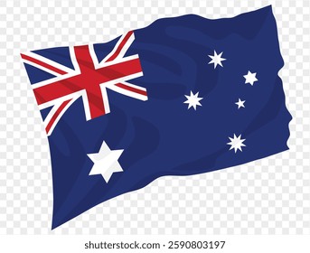 Waving Australia flag isolated on transparent PNG background. Perfect for designs, presentations, or digital projects, showcasing the iconic Union Jack, Commonwealth Star, and Southern Cross
