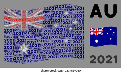 Waving Australia flag. Vector 2021 year text design elements are organized into conceptual Australia flag collage. Patriotic concept organized of flat 2021 year text elements.