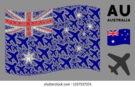 Waving Australia flag. Vector airplane elements are united into mosaic Australia flag collage. Patriotic collage designed of flat airplane pictograms.