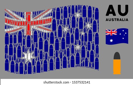 Waving Australia flag. Vector ammo bullet design elements are scattered into mosaic Australia flag composition. Patriotic composition combined of flat ammo bullet elements.