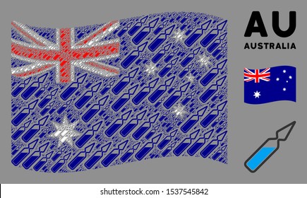 Waving Australia flag. Vector ampoule design elements are placed into conceptual Australia flag abstraction. Patriotic concept combined of flat ampoule design elements.