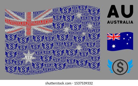 Waving Australia flag. Vector angel investment elements are combined into mosaic Australia flag illustration. Patriotic illustration composed of flat angel investment elements.