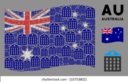 Waving Australia flag. Vector apartment house pictograms are scattered into conceptual Australia flag abstraction. Patriotic illustration designed of flat apartment house pictograms.