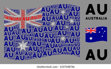 Waving Australia flag. Vector AU text design elements are formed into geometric Australia flag composition. Patriotic composition combined of flat AU text design elements.