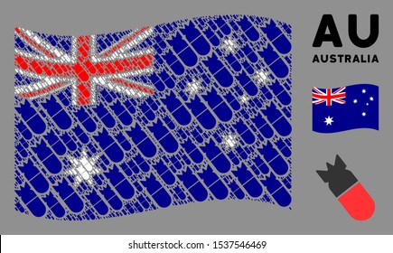 Waving Australia flag. Vector aviation bomb design elements are combined into conceptual Australia flag collage. Patriotic composition done of flat aviation bomb design elements.