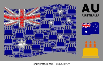 Waving Australia flag. Vector birthday cake design elements are scattered into mosaic Australia flag abstraction. Patriotic composition composed of flat birthday cake design elements.