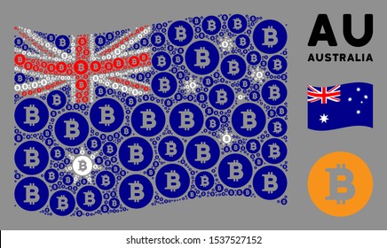 Waving Australia flag. Vector Bitcoin coin design elements are placed into mosaic Australia flag collage. Patriotic concept composed of flat Bitcoin coin design elements.