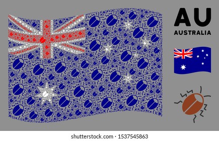 Waving Australia flag. Vector bug design elements are grouped into mosaic Australia flag composition. Patriotic concept constructed of flat bug design elements.
