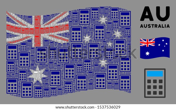 Waving Australia\
flag. Vector calculator elements are grouped into geometric\
Australia flag illustration. Patriotic illustration created of flat\
calculator pictograms.