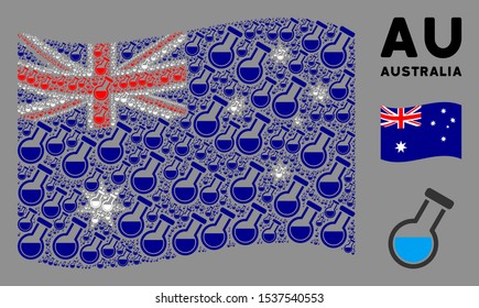 Waving Australia flag. Vector chemistry tube design elements are arranged into mosaic Australia flag collage. Patriotic concept created of flat chemistry tube design elements.