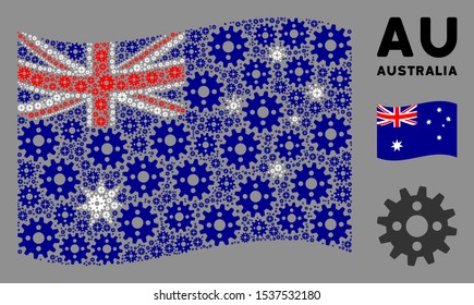 Waving Australia flag. Vector cogwheel design elements are arranged into mosaic Australia flag collage. Patriotic composition done of flat cogwheel design elements.