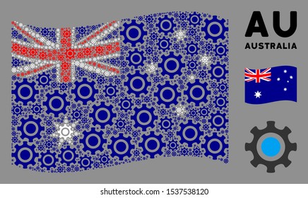 Waving Australia flag. Vector cogwheel design elements are organized into geometric Australia flag collage. Patriotic concept organized of flat cogwheel elements.