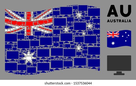 Waving Australia flag. Vector computer display elements are united into mosaic Australia flag collage. Patriotic collage organized of flat computer display icons.