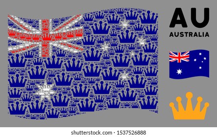 Waving Australia flag. Vector crown elements are united into mosaic Australia flag illustration. Patriotic illustration done of flat crown design elements.