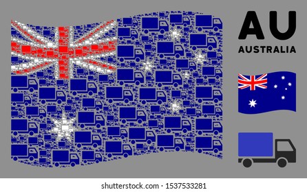 Waving Australia flag. Vector delivery lorry design elements are combined into mosaic Australia flag collage. Patriotic collage designed of flat delivery lorry design elements.