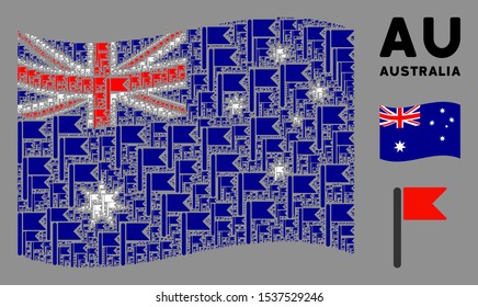 Waving Australia flag. Vector flag design elements are scattered into mosaic Australia flag abstraction. Patriotic composition designed of flat flag design elements.
