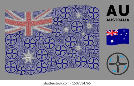 Waving Australia flag. Vector drone screw rotation design elements are united into mosaic Australia flag abstraction. Patriotic concept constructed of flat drone screw rotation design elements.