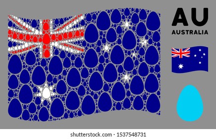 Waving Australia flag. Vector egg pictograms are organized into mosaic Australia flag composition. Patriotic composition combined of flat egg pictograms.