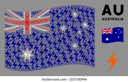 Waving Australia flag. Vector electric bolt pictograms are arranged into geometric Australia flag composition. Patriotic composition organized of flat electric bolt pictograms.