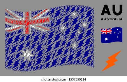 Waving Australia flag. Vector electric spark icons are placed into mosaic Australia flag collage. Patriotic composition organized of flat electric spark icons.