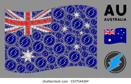 Waving Australia flag. Vector electrical spark elements are formed into mosaic Australia flag composition. Patriotic composition constructed of flat electrical spark design elements.
