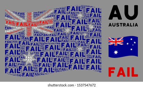 Waving Australia flag. Vector fail text design elements are scattered into mosaic Australia flag abstraction. Patriotic composition organized of flat fail text design elements.
