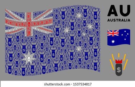 Waving Australia Flag. Vector Financial Crisis Bomb Design Elements Are Scattered Into Mosaic Australia Flag Abstraction. Patriotic Collage Designed Of Flat Financial Crisis Bomb Elements.