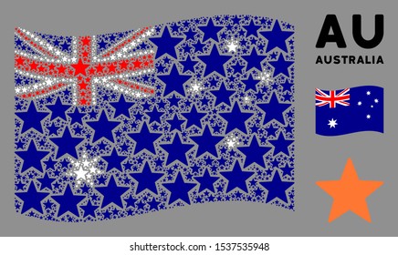 Waving Australia flag. Vector fireworks star design elements are arranged into conceptual Australia flag abstraction. Patriotic illustration designed of flat fireworks star design elements.