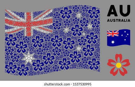 Waving Australia flag. Vector flower design elements are arranged into geometric Australia flag illustration. Patriotic illustration constructed of flat flower design elements.
