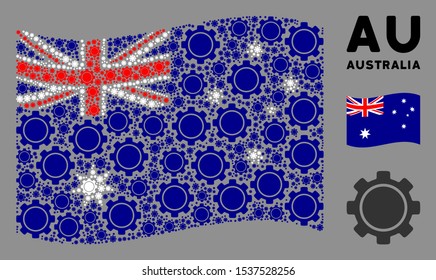 Waving Australia flag. Vector gear design elements are united into mosaic Australia flag abstraction. Patriotic collage composed of flat gear design elements.