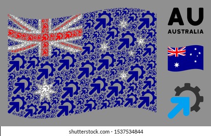 Waving Australia flag. Vector gear integration icons are combined into mosaic Australia flag composition. Patriotic composition organized of flat gear integration icons.