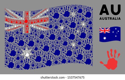 Waving Australia flag. Vector hand print icons are arranged into conceptual Australia flag collage. Patriotic collage done of flat hand print icons.
