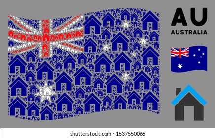 Waving Australia flag. Vector home design elements are placed into mosaic Australia flag collage. Patriotic collage combined of flat home icons.