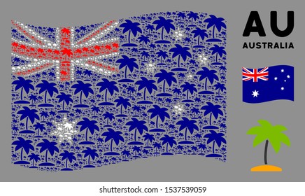 Waving Australia flag. Vector island tropic palm pictograms are combined into mosaic Australia flag composition. Patriotic composition constructed of flat island tropic palm pictograms.