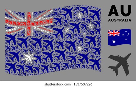 Waving Australia flag. Vector jet plane design elements are organized into conceptual Australia flag composition. Patriotic composition constructed of flat jet plane pictograms.