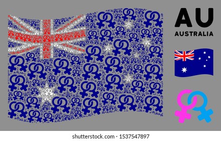 Waving Australia flag. Vector lesbi symbol icons are grouped into conceptual Australia flag composition. Patriotic composition done of flat lesbi symbol icons.