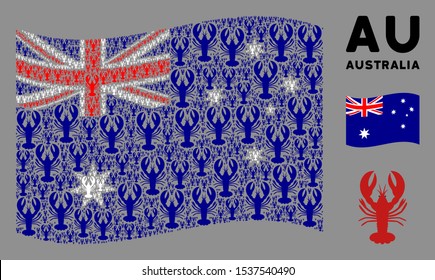 Waving Australia flag. Vector lobster elements are grouped into conceptual Australia flag composition. Patriotic composition combined of flat lobster icons.
