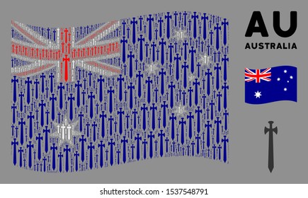Waving Australia flag. Vector medieval sword design elements are united into geometric Australia flag composition. Patriotic illustration composed of flat medieval sword design elements.