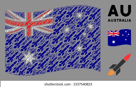 Waving Australia flag. Vector missile launch pictograms are arranged into mosaic Australia flag illustration. Patriotic illustration combined of flat missile launch design elements.