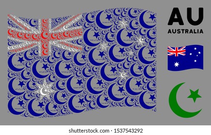 Waving Australia flag. Vector muslim moon design elements are scattered into mosaic Australia flag composition. Patriotic composition organized of flat muslim moon design elements.