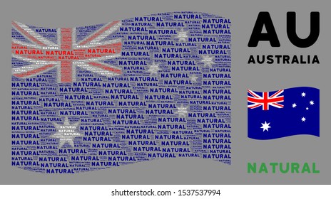 Waving Australia flag. Vector natural texts are formed into conceptual Australia flag composition. Patriotic composition created of flat natural text elements.