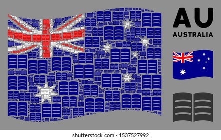 Waving Australia flag. Vector open book icons are combined into conceptual Australia flag composition. Patriotic composition combined of flat open book icons.